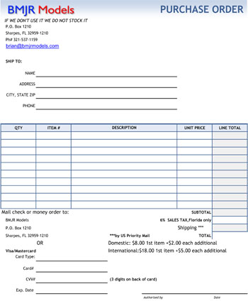 BMJR Models Mail Order Form